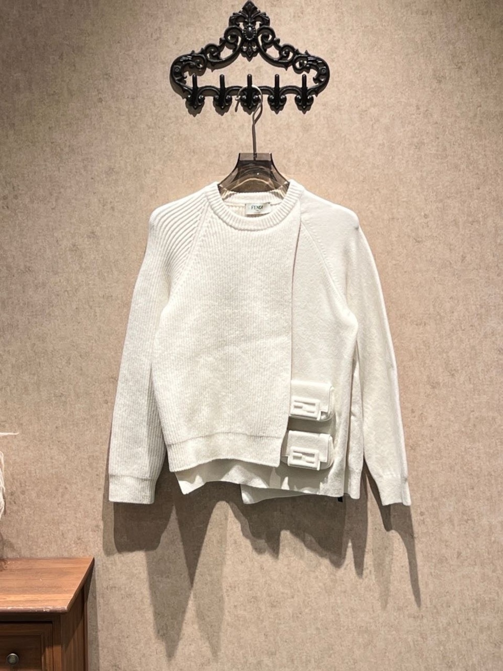 Fendi Cream Asymmetrical Crewneck Sweater with Side Tab Details